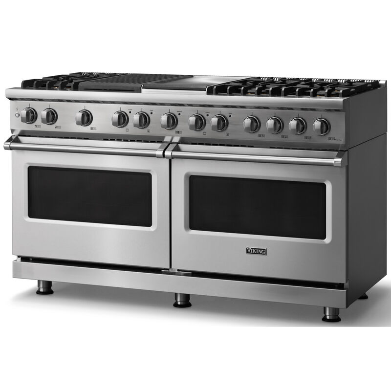 Viking 5 Series 60 in. 9.4 cu. ft. True European Convection Double Oven Dual Fuel Range with 6 Sealed Burners, Grill & Griddle - Stainless Steel - Liquid Propane Gas, Polished Chrome Trim Option, , hires