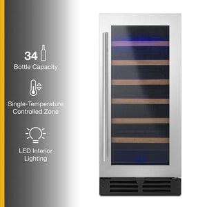 Whirlpool 15 in. Undercounter Wine Cooler with Wood Racks, Single Temperature Zone & 34 Bottle Capacity - Stainless Steel, , hires