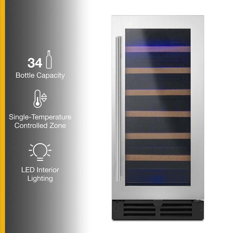Whirlpool 15 in. Undercounter Wine Cooler with Wood Racks, Single Temperature Zone & 34 Bottle Capacity - Stainless Steel, , hires
