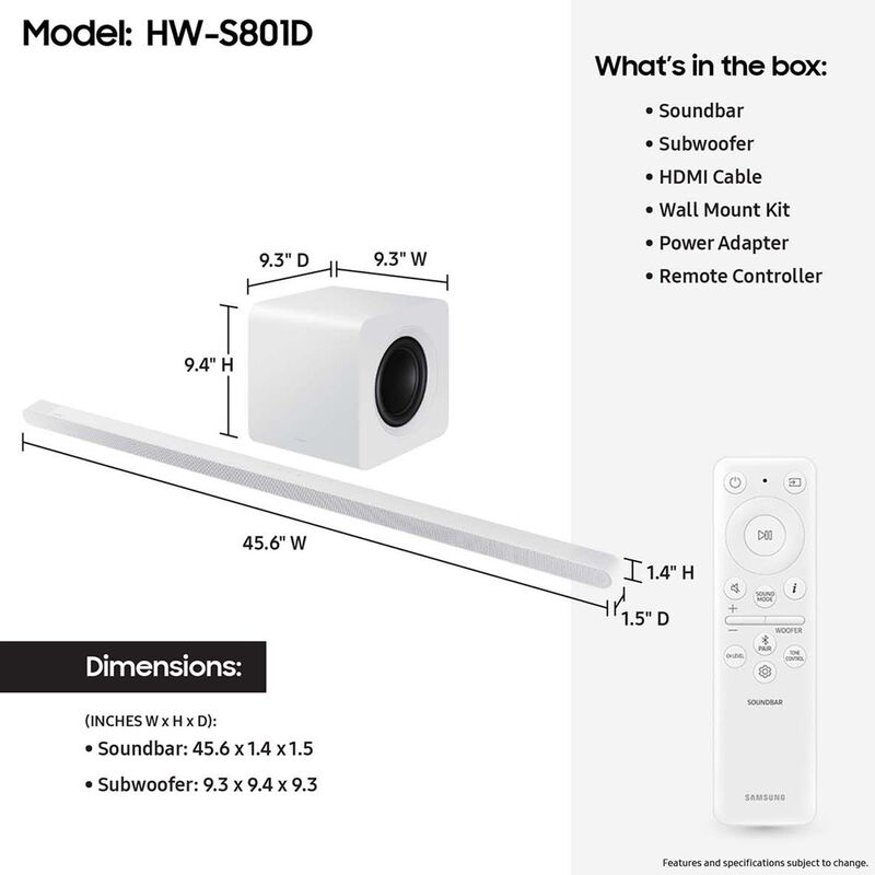 Samsung 3.1.2 Channels Dolby Atmos Smart Sound Bar with Bluetooth & Wireless Subwoofer - White, White, hires