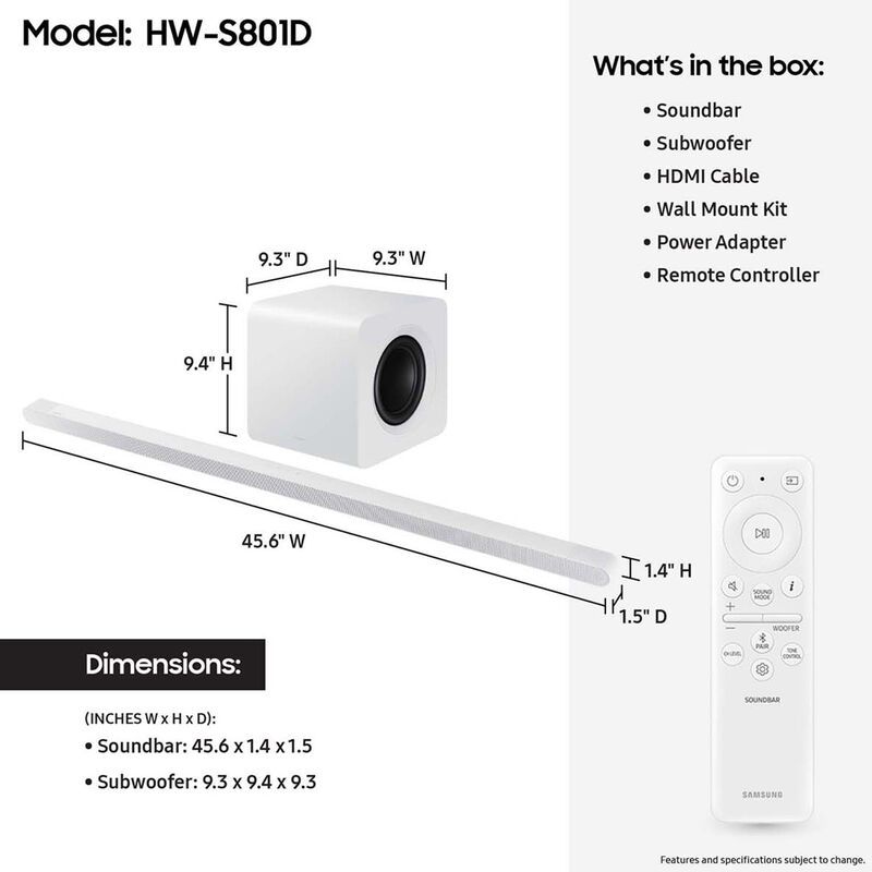 Samsung 3.1.2 Channel Sound Bar with Bluetooth, Built-In Alexa & Wireless Subwoofer - White, , hires