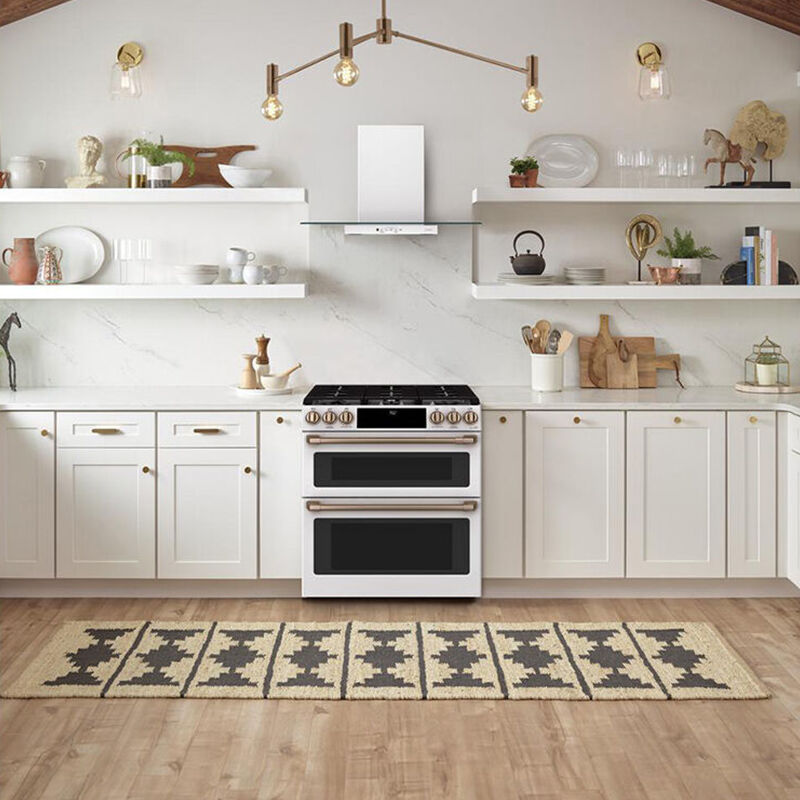 Cafe 30 in. 6.7 cu. ft. Smart Air Fry True European Convection Double Oven Slide-In Gas Range with 6 Sealed Burners & Griddle - Matte White, Matte White, hires