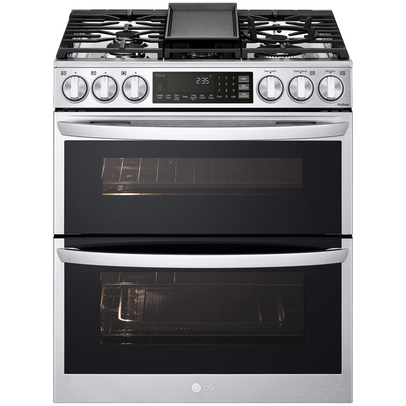 LG 30 in. 6.9 cu. ft. Smart Air Fry True European Convection Double Oven Slide-In Gas Range with 5 Sealed Burners & Griddle - PrintProof Stainless Steel, PrintProof Stainless Steel, hires