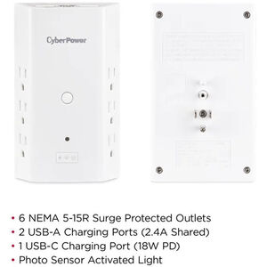 CyberPower 6 Outlet Wall Tap With USB and Night Light - White, , hires