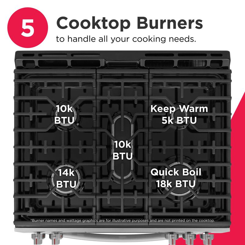 Frigidaire Gallery 30 in. 5.1 cu. ft. Air-Fry True European Convection Steam Gas Range with 5 Sealed Burners - Stainless Steel, , hires