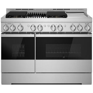 JennAir Noir Series 48 in. 4.1 cu. ft. Smart Convection Double Oven Freestanding Dual Fuel Range with 6 Sealed Burners, Grill & Griddle - Stainless Steel, , hires