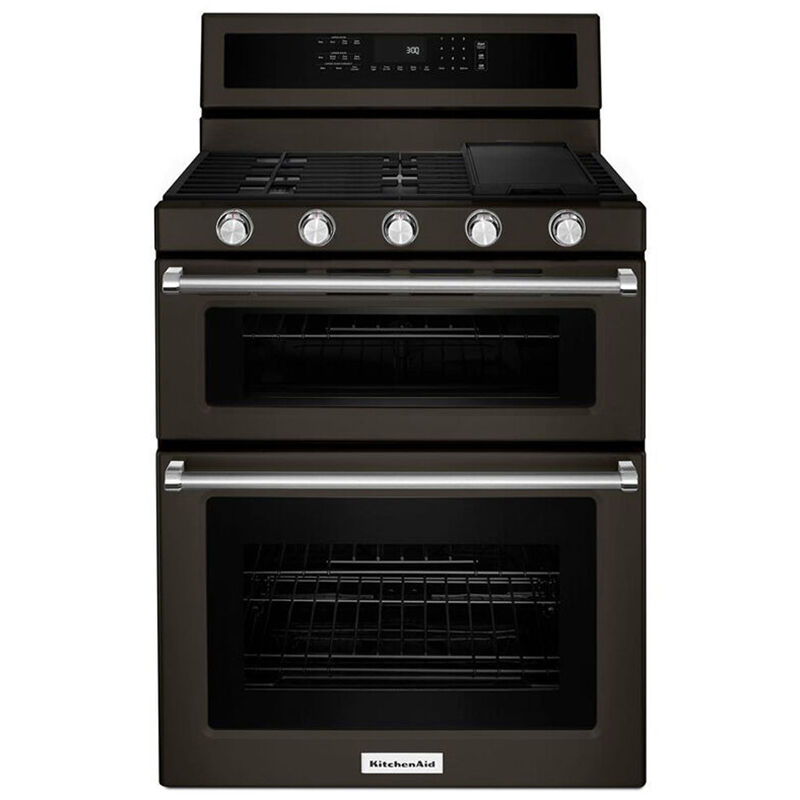 KitchenAid 30 in. 6.0 cu. ft. Convection Double Oven Freestanding Gas Range with 5 Sealed Burners - Black Stainless Steel, , hires