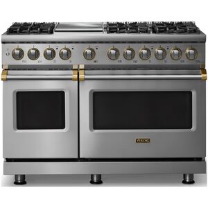 Viking 5 Series 48 in. 7.3 cu. ft. True European Convection Double Oven Dual Fuel Range with 6 Sealed Burners & Griddle - Stainless Steel - Natural Gas, Brushed Brass Trim Option, , hires
