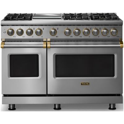 Viking 5 Series 48 in. 7.3 cu. ft. True European Convection Double Oven Dual Fuel Range with 6 Sealed Burners & Griddle - Stainless Steel - Natural Gas, Brushed Brass Trim Option | VDR54846GSSB