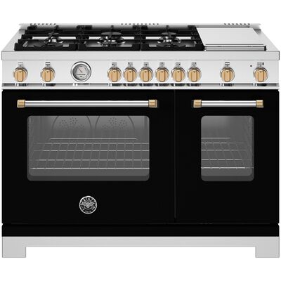 Bertazzoni Master Series 48 in. 7.1 cu. ft. Dual Convection Double Oven Gas Range with 6 Sealed Burners & Griddle - Matte Black with Brushed Gold Accents | MAS486GGASNG