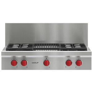 Wolf 36 in. 4-Burner LP Gas Rangetop with Grill & Power Burner - Stainless Steel, , hires