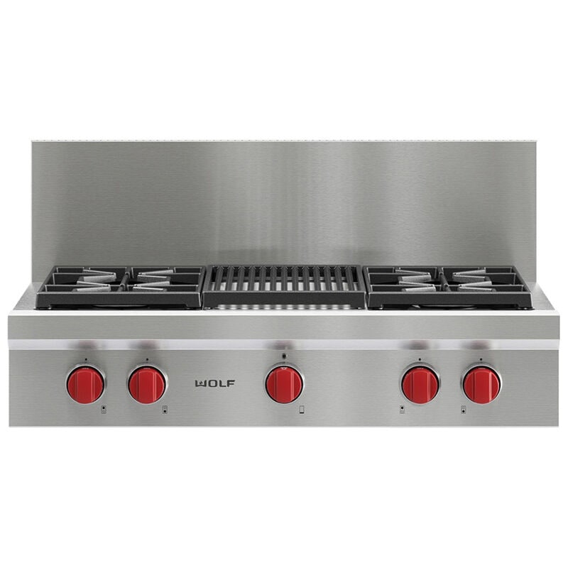 Wolf 36 in. 4-Burner LP Gas Rangetop with Grill & Power Burner - Stainless Steel, , hires