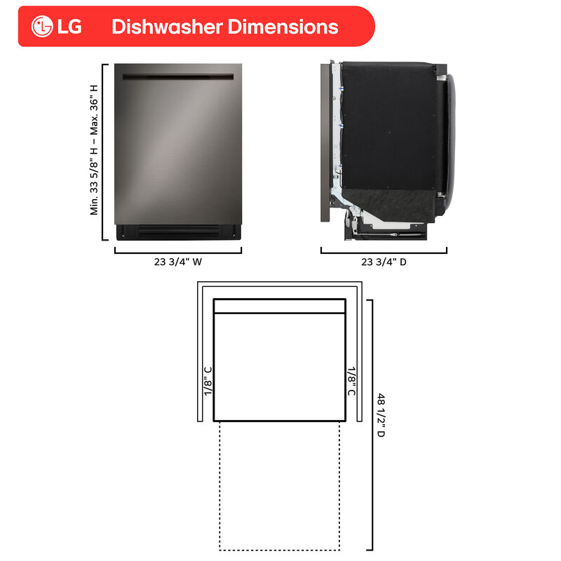 LG 24 in. Top Control Flush-Mount Smart Dishwasher with 42 dBA Sound level, 3rd-Rack, Dynamic Heat Dry with AutoVent Dry & Pocket Handle - Black Stainless Steel, , hires