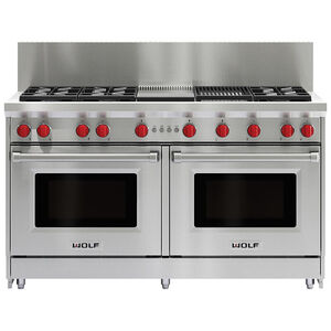 Wolf 60 in. 8.8 cu. ft. Double Oven Freestanding Gas Range with 6 Sealed Burners, Infrared Charbroiler & Infrared Griddle - Stainless Steel, , hires