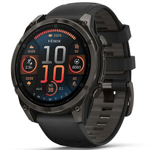 Garmin f nix 8 47 mm, AMOLED Smart Watch - Sapphire, Carbon Gray DLC Titanium with Black/Pebble Gray Silicone Band, , hires