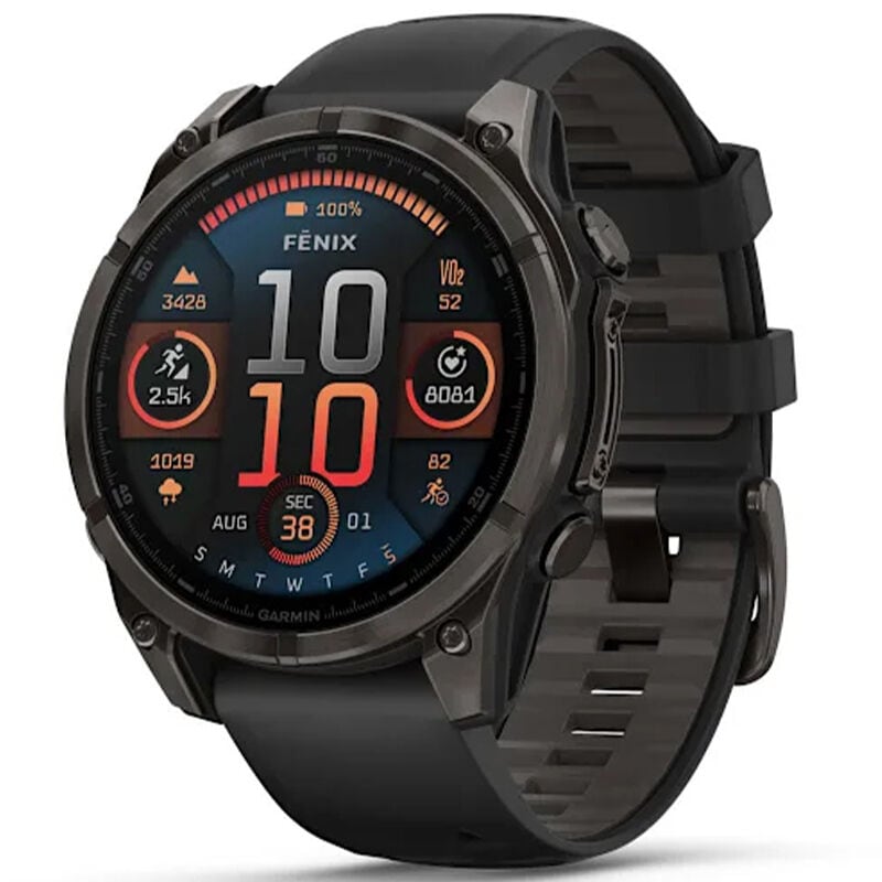 Garmin f nix 8 47 mm, AMOLED Smart Watch - Sapphire, Carbon Gray DLC Titanium with Black/Pebble Gray Silicone Band, , hires