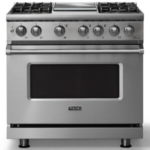 Viking 5 Series 36 in. 5.6 cu. ft. True European Convection Dual Fuel Range with 4 Sealed Burners & Griddle - Stainless Steel, , hires