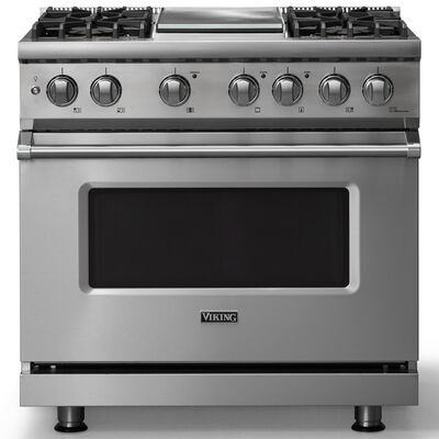 Viking 5 Series 36 in. 5.6 cu. ft. True European Convection Dual Fuel Range with 4 Sealed Burners & Griddle - Stainless Steel | VDR53644GSSL