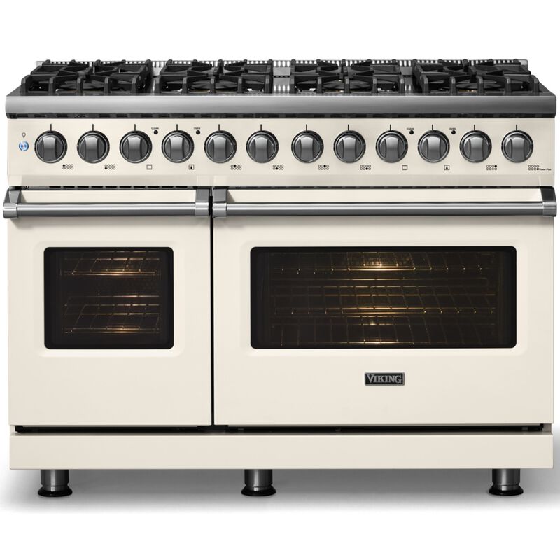 Viking 5 Series 48 in. 7.3 cu. ft. True European Convection Double Oven Dual Fuel Range with 8 Sealed Burners - Pure White - Natural Gas, Polished Chrome Trim Option, , hires