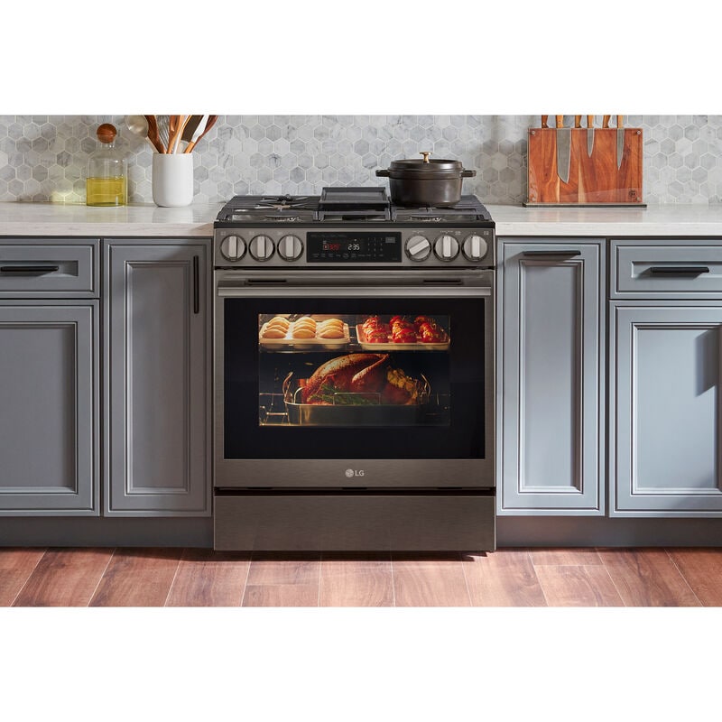 LG 30 in. 6.3 cu. ft. Smart Air-Fry True European Convection Slide-In Gas Range with 5 Sealed Burners & Griddle - Black Stainless Steel, , hires