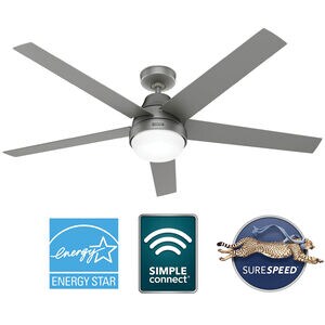 Hunter 60 inch Aerodyne Wi-Fi ENERGY STAR Ceiling Fan with LED Light Kit and Handheld Remote - Matte Silver, Silver, hires