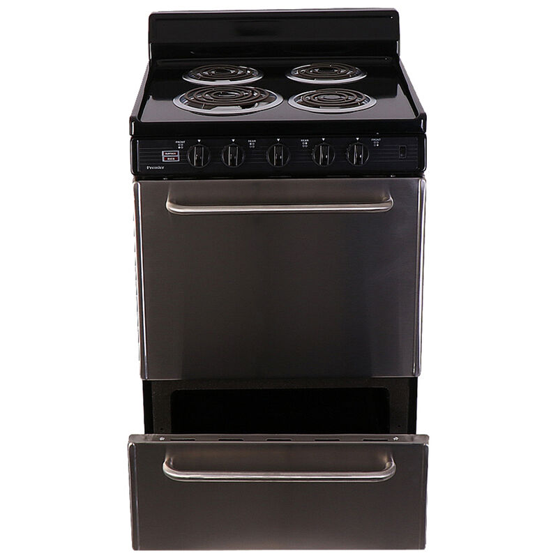 Premier ECK600BP 24 Inch Freestanding Electric Range with 4 Coil Elements,  Stainless Steel Body, Manual Clean, 2 Adjustable Oven Racks, ADA Compliant  and 1 1/2 Inch Black Porcelain Vent Rail
