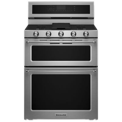 KitchenAid 30 in. 6 cu. ft. True European Convection Double Oven Gas Range with 5 Sealed Burners & Griddle - Stainless Steel | KFGD500ESS