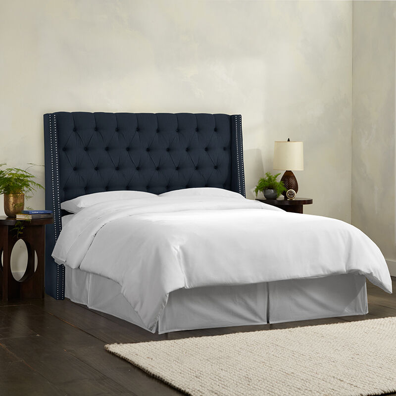 Skyline King Nail Button Tufted Wingback Headboard in Linen - Navy, Navy, hires