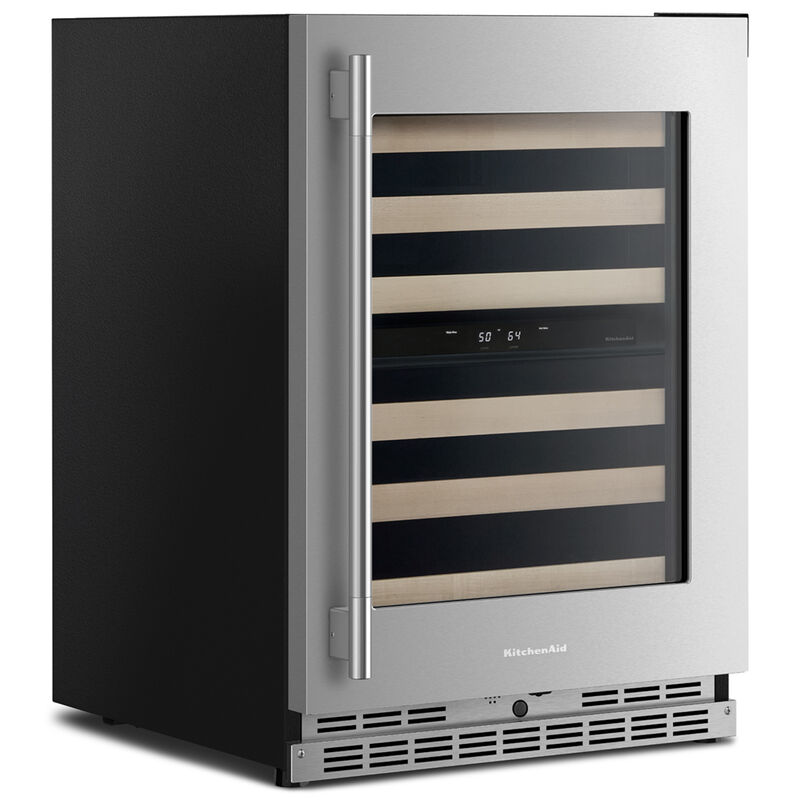KitchenAid 24 in. Undercounter Right Hinged Wine Cooler with Wood Racks, Dual Temperature Zone(s) & 46-Bottle Capacity - Stainless Steel with Printshield Finish, , hires