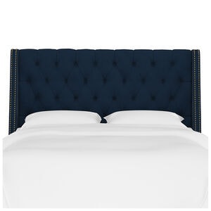 Skyline Queen Nail Button Tufted Wingback Headboard in Velvet - Ink, Blue, hires