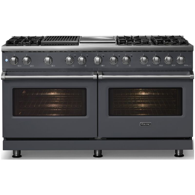 Viking 5 Series 60 in. 9.4 cu. ft. True European Convection Double Oven Dual Fuel Range with 6 Sealed Burners, Grill & Griddle - Cast Black - Natural Gas, Polished Chrome Trim Option, , hires