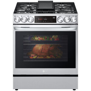 LG 30 in. 6.3 cu. ft. Smart Air Fry Convection Oven Slide-In Dual Fuel Range with 5 Sealed Burners & Griddle - PrintProof Stainless Steel, PrintProof Stainless Steel, hires