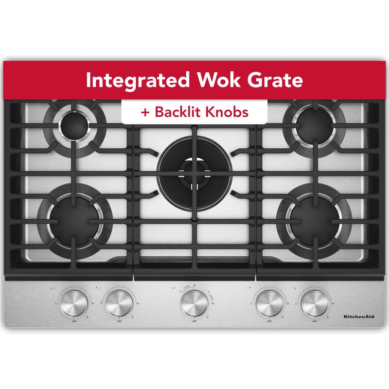 KitchenAid 30 in. 5-Burner Natural Gas Cooktop with Griddle, Simmer Burner & Power Burner - Stainless Steel, , hires