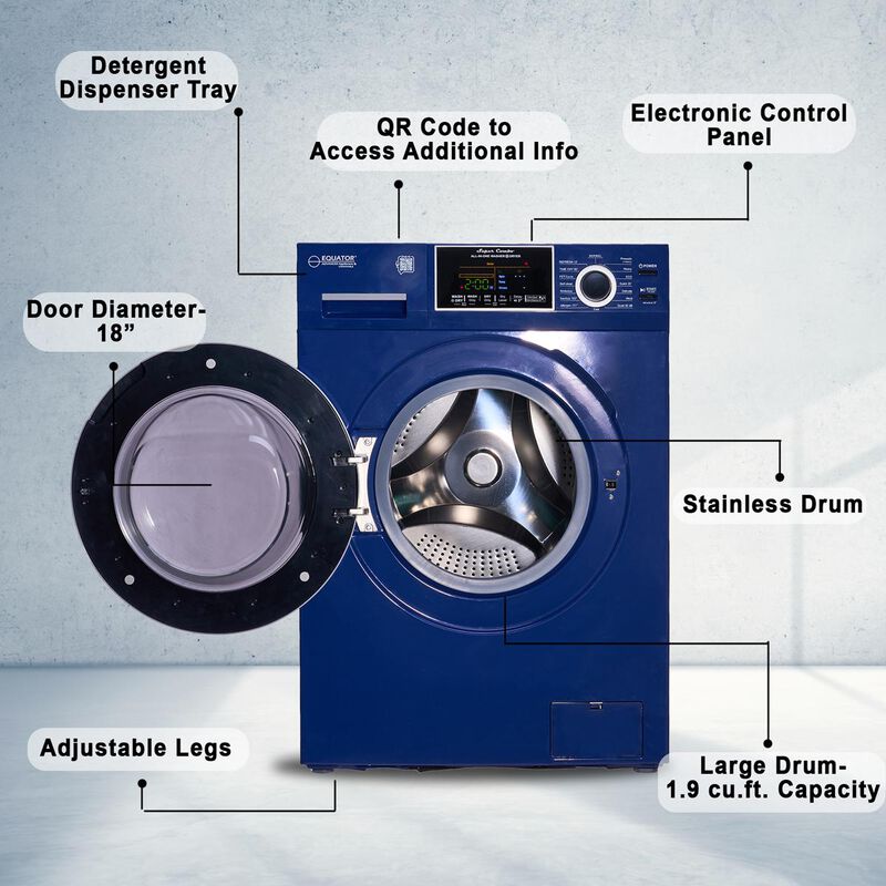 Equator 24 in. 1.9 cu. ft. Electric Front Load All-in-One Laundry Center with Sanitize Cycle & Sensor Dry - Blue, Blue, hires