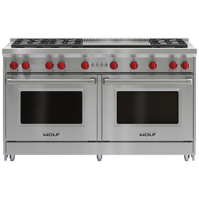 Wolf 60 in. 8.8 cu. ft. Double Oven Freestanding Gas Range with 6 Sealed Burners & Infrared Dual Griddle - Stainless Steel | GR606DG