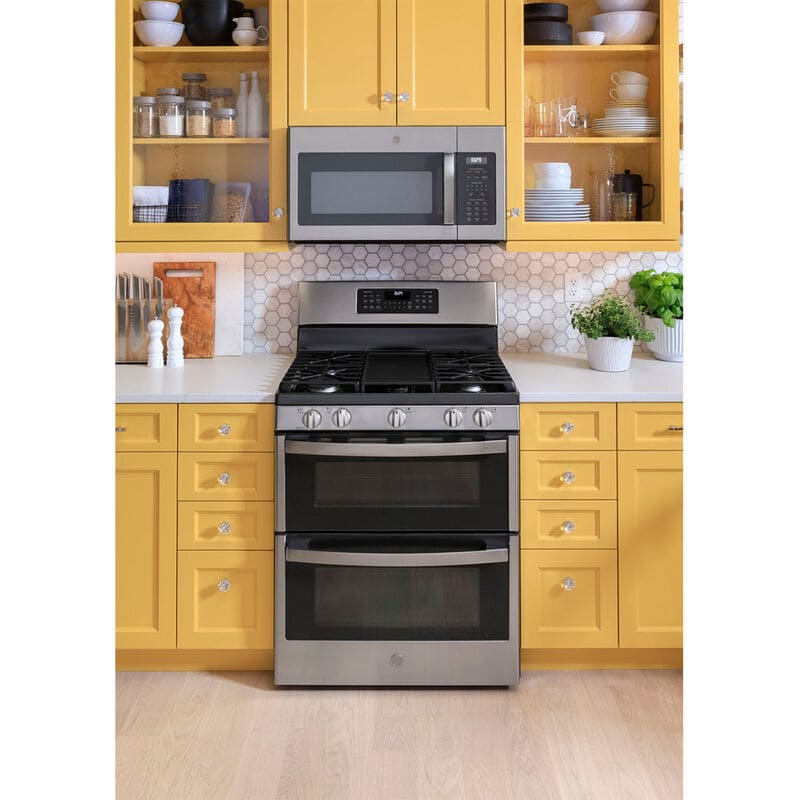 GE 30 in. 6.8 cu. ft. Air Fry True European Convection Double Oven Gas Range with 5 Sealed Burners & Griddle - Stainless Steel, Stainless Steel, hires