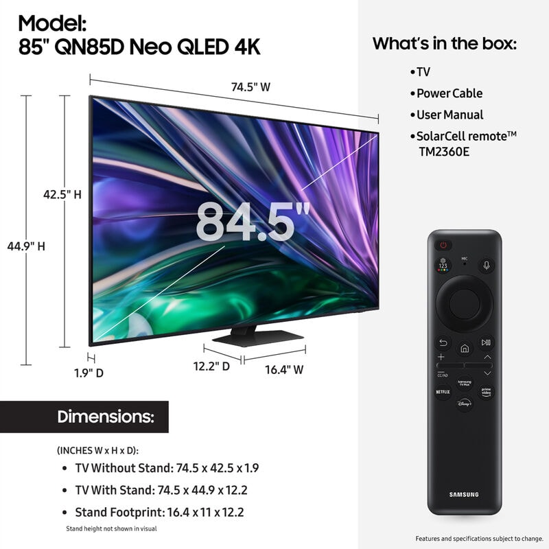 Samsung - 85" Class QN85D Series Neo QLED 4K UHD Smart Tizen TV, , hires