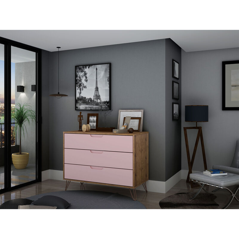 Manhattan Comfort Rockefeller Mid-Century Modern 3-Drawer Dresser - Rose Pink, Pink, hires