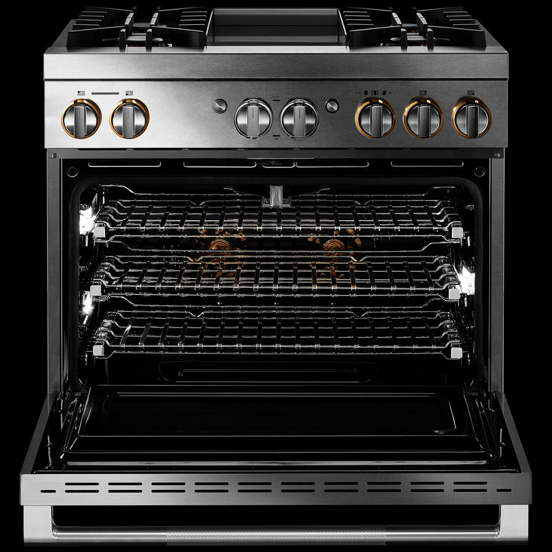 JennAir Rise Series 36 in. 5.1 cu. ft. Smart True European Convection Dual Fuel Range with 4 Sealed Burners & Griddle - Stainless Steel, , hires
