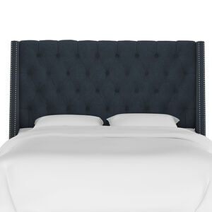 Skyline Twin Nail Button Tufted Wingback Headboard in Linen - Navy, Navy, hires