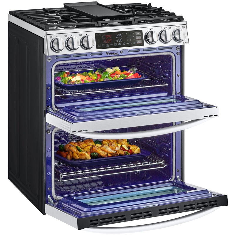 LG 30 in. 6.9 cu. ft. Smart Air Fry True European Convection Double Oven Slide-In Gas Range with 5 Sealed Burners & Griddle - PrintProof Stainless Steel, PrintProof Stainless Steel, hires