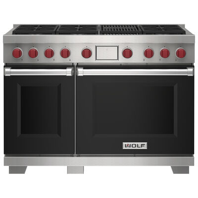 Wolf 48 in. 7.8 cu. ft. Smart Dual Convection Double Oven Dual Fuel Range with 6 Sealed Burners & Grill - Black | DF48650CBKP