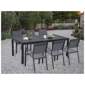 Hanover Naples 7-Piece 79" Rectangle Cast Top Dining Set with Stackable Chairs - Gray, , hires