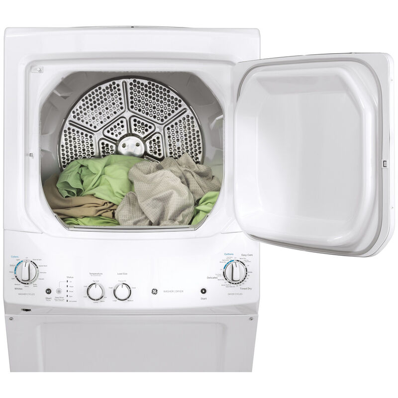 GE 27 in. Laundry Center with 3.8 cu. ft. Washer with 11 Wash Programs & 5.9 cu. ft. Electric Dryer with 4 Dryer Programs, Sensor Dry & Wrinkle Care - White, , hires