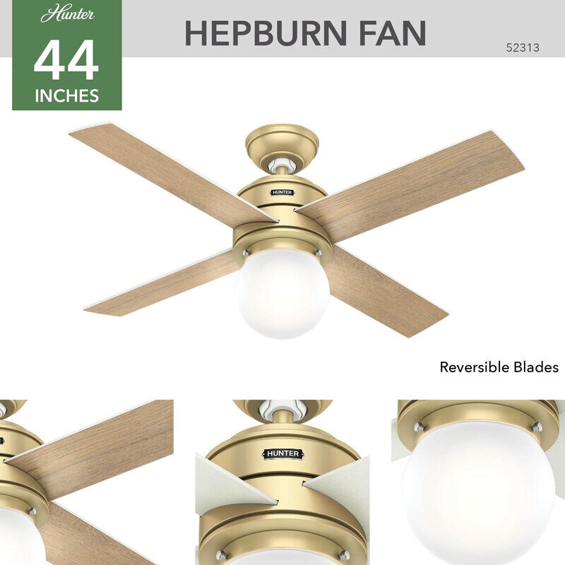 Hunter Hepburn 44 in. Ceiling Fan with LED Light Kit and Wall Control - Brass, , hires