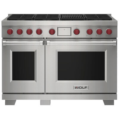Wolf 48 in. 7.8 cu. ft. Smart Convection Double Oven Freestanding LP Dual Fuel Range with 7 Sealed Burners & Grill - Stainless Steel | DF48650CSPLP