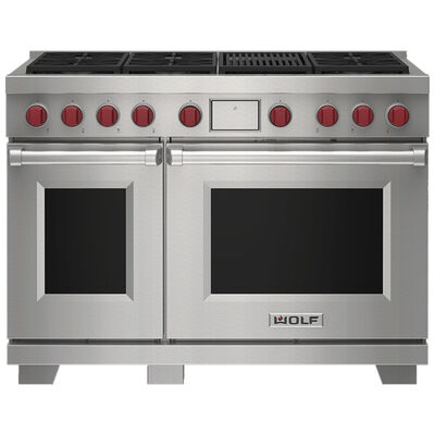 Wolf 48 in. 7.8 cu. ft. Smart Dual Convection Double Oven Dual Fuel Range with 6 Sealed Burners & Grill - Stainless Steel | DF48650CSPLP