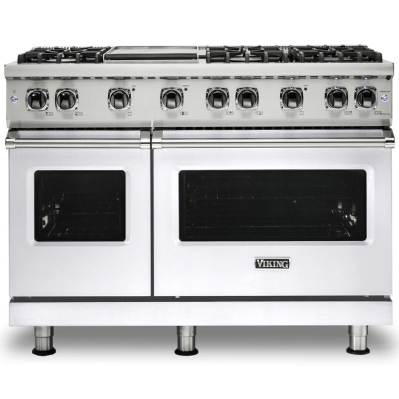 Viking Professional 48 Inch Free Standing Double Oven Gas Range 6 Burner  with Center Griddle and Cutting Board Manual Clean Oven Convection  Stainless