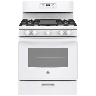 GE 30 in. 5.0 cu. ft. Oven Freestanding Gas Range with 5 Sealed Burners & Griddle - White | JGBS66DEKWW