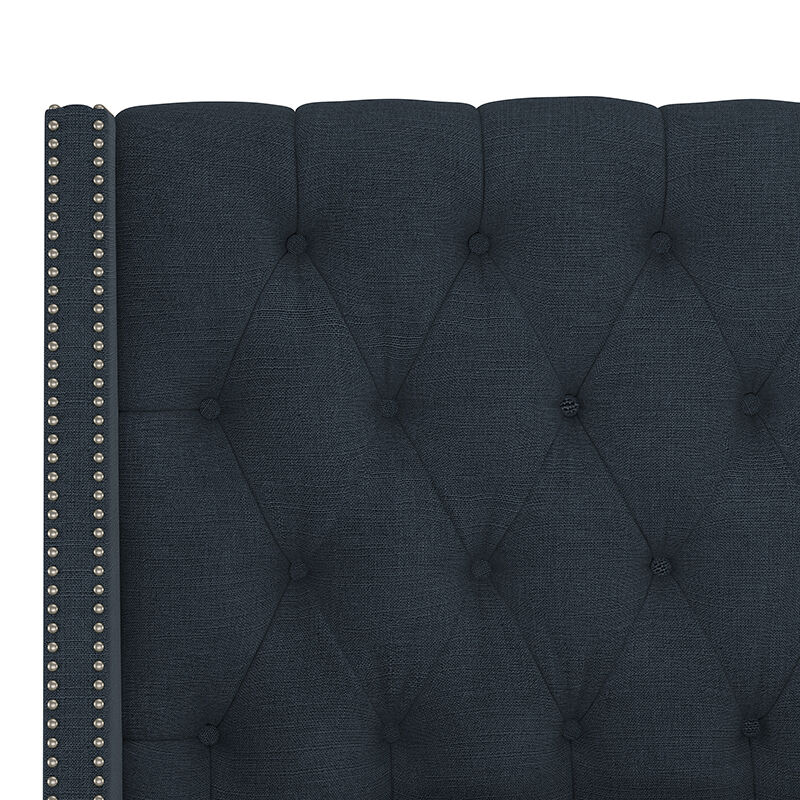 Skyline King Nail Button Tufted Wingback Headboard in Linen - Navy, Navy, hires